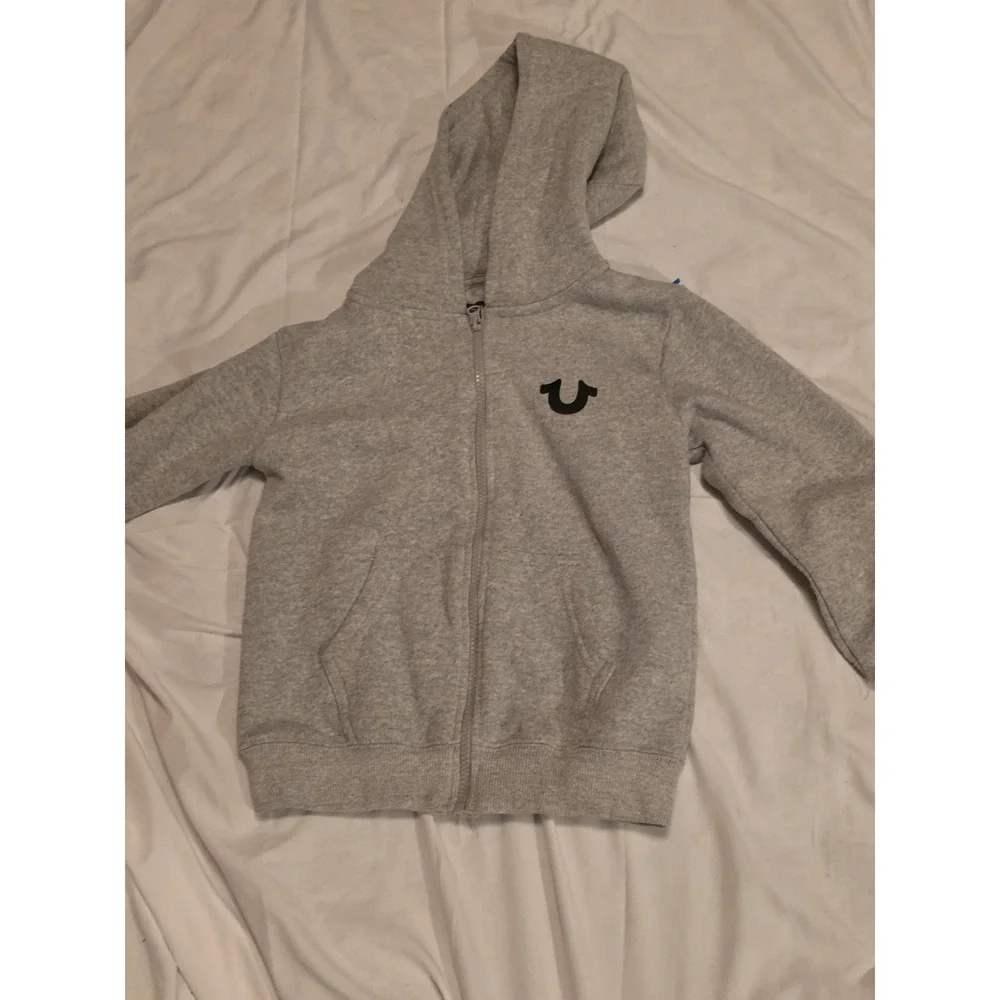 True Religion C H ilds Hoodie. Gray‎ With Full Iron On On Back. Symbol On Front.